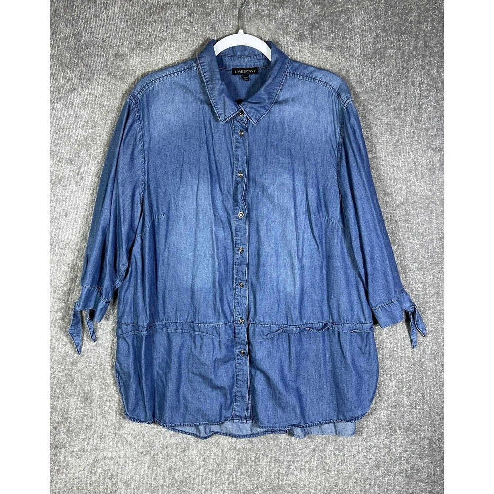 Lane Bryant Chambray Top Womens Size 18/20 Blue Button Up Tie Cuffs 3/4 Sleeve